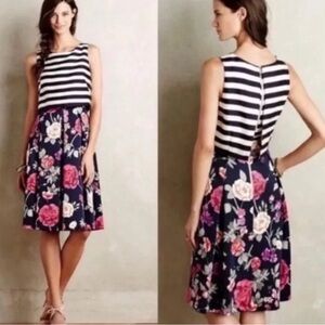 NWT Anthropologie X Moulinette Soeurs Navy Mixed Print Fit & Flare Dress Size 2